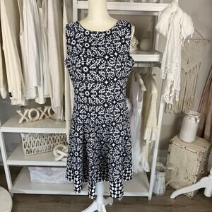 Haani Large petite blue white graphic print midi dress Career, office #4049